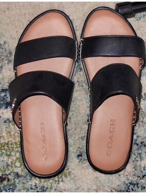COACH Black Double-Strap Slide Sandals with Tan Insole